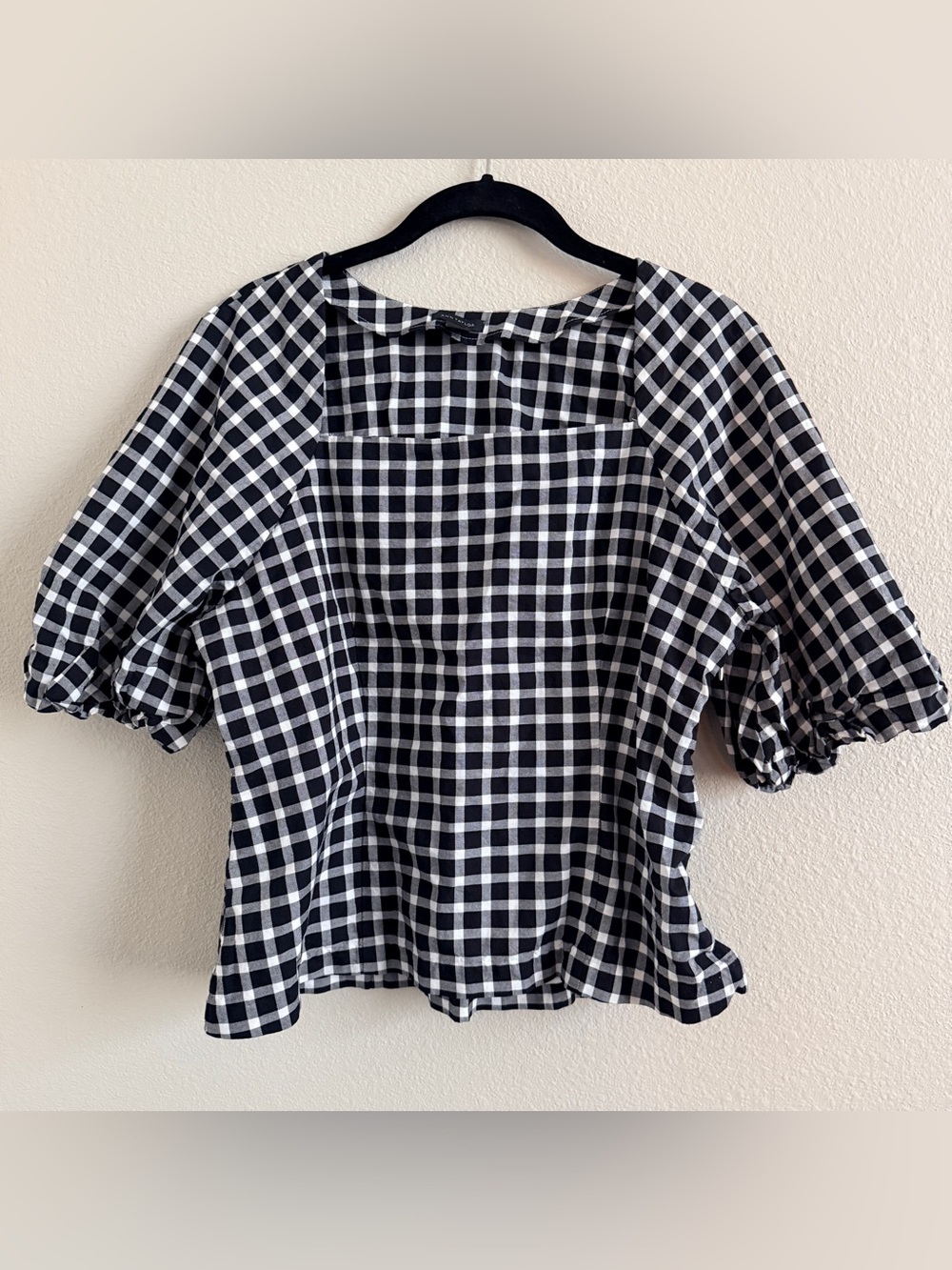 Ann Taylor Black and White Gingham Square Neck Puff Sleeve Blouse